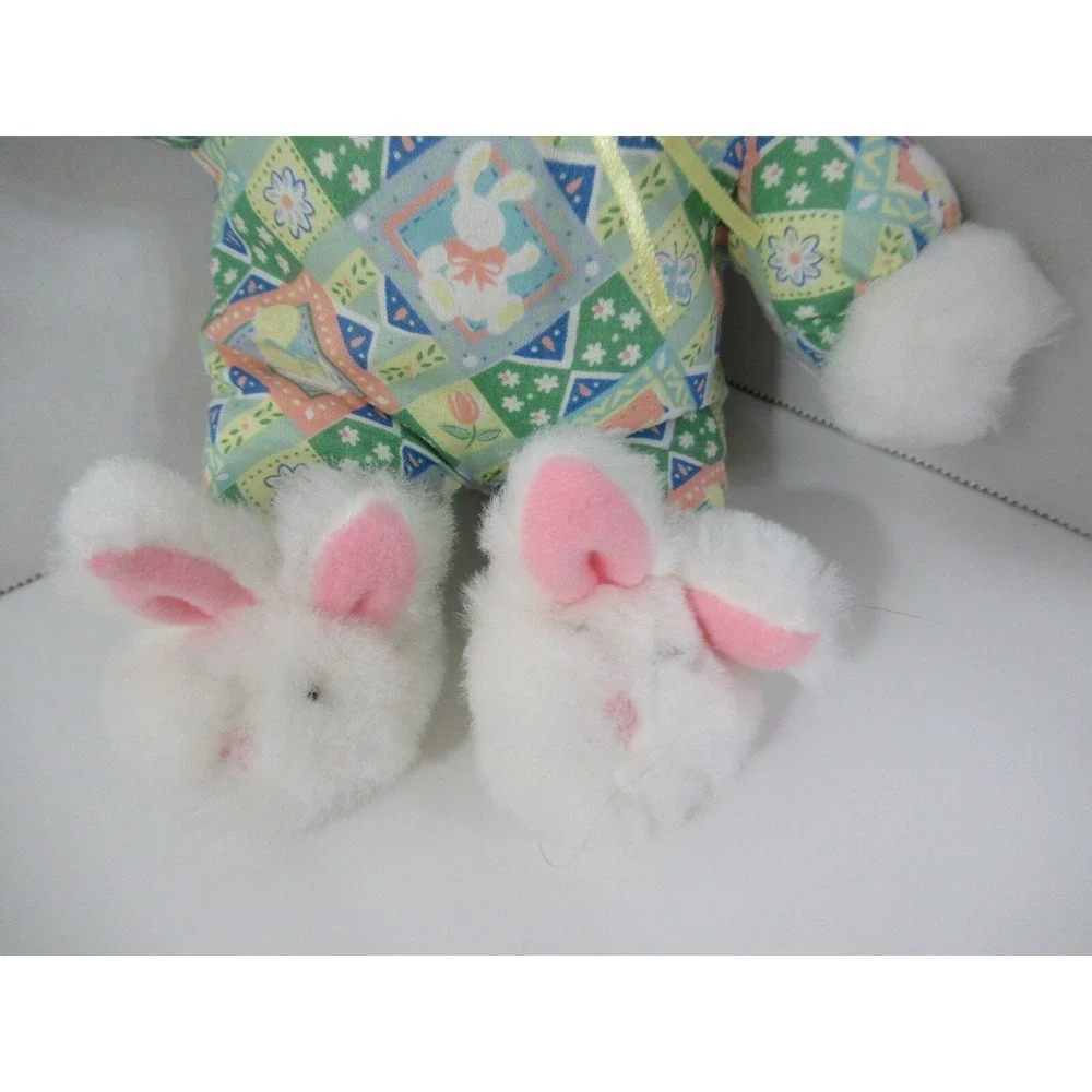 Plush white bunny rabbit pink ears green pajamas outfit bunny slippers Main Joy
